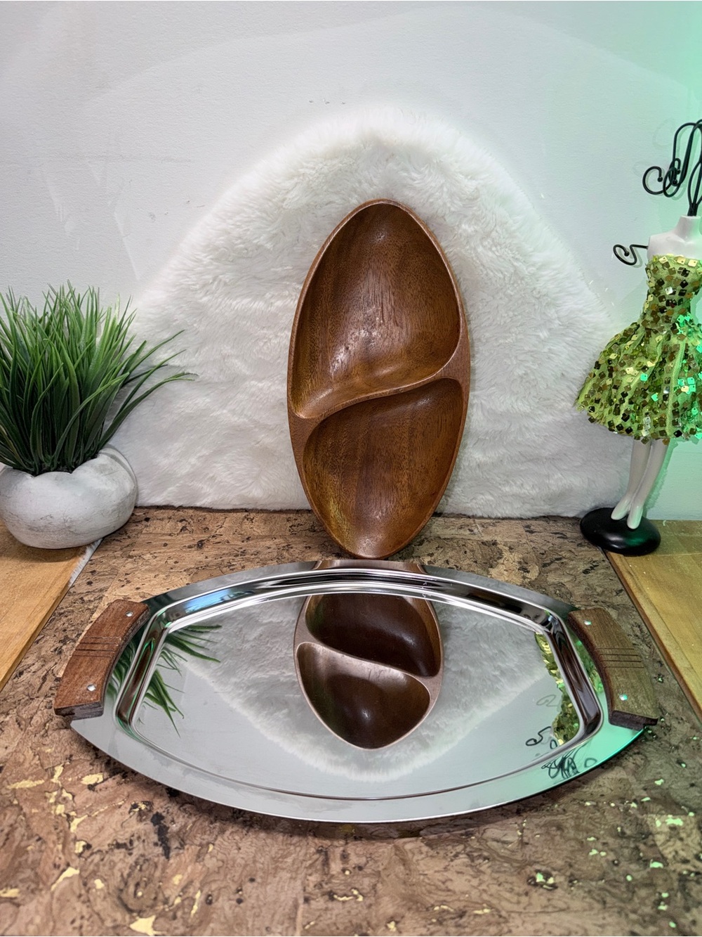 Vintage Stainless Serving Tray w Wood Handles Plus Wooden Serving Dish 🔥